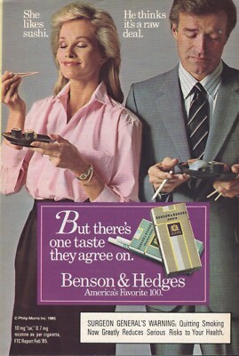 1985 PRINT AD BENSON & HEDGES CIGARETTES EATING SUSHI CHOPSTICKS PRETTY BLONDE