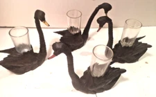ANTIQUE BLACK FOREST SWISS WOOD CARVED ARTICULATED 4 SWANS W/ CORDIAL GLASSES