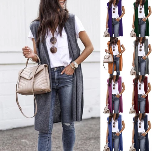 Women's Casual Sleeveless Open Front Tunic Vest Long Cardigan Tops Waistcoat New - Picture 4 of 30