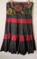 LONGER FULL TIERED SKIRT, WINE SATIN  BLACK, FLORAL PATTERN, 30" WAIST, EUC