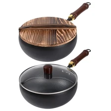 Suntuup Japanese Iron Pan Cooking Wok Ergonomic Uncoated Iron Pan with Lid