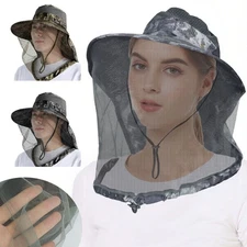 Mosquito Head Net Sun Hat Wide Brim Fishing Mesh Cap with Neck Flap UV Protector