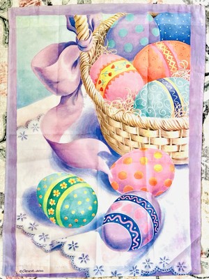 Vintage 2002 Geneva Easter Watercolor Basket Of Eggs House Flag (28 x40 )