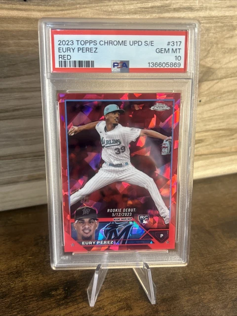Eury Perez 2023 Topps Chrome Update Sapphire Red Cracked Ice #/5 Marlins PSA 10