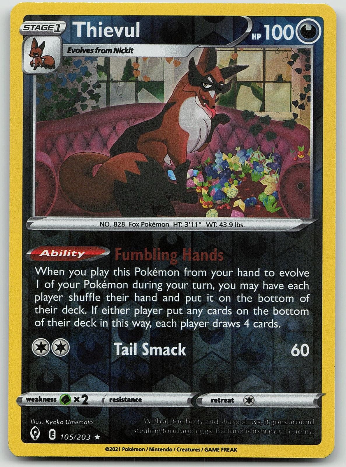 Pokemon Thievul 105/203 Evolving Skies Rare Reverse Holo NM