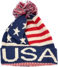 Small and Medium Winter Hat Knit, Cuffed Beanie with Pom Pom, USA Flag Design