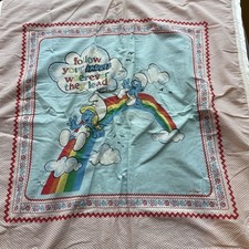 Vtg 80s Smurfs Baby Kids Blanket Quilt Follow Your Smurfs Wherever Satin edge