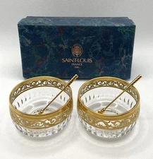 New Pair Thistle Saint-Louis France Gold Band Open Salt Cellars & Gold Spoons
