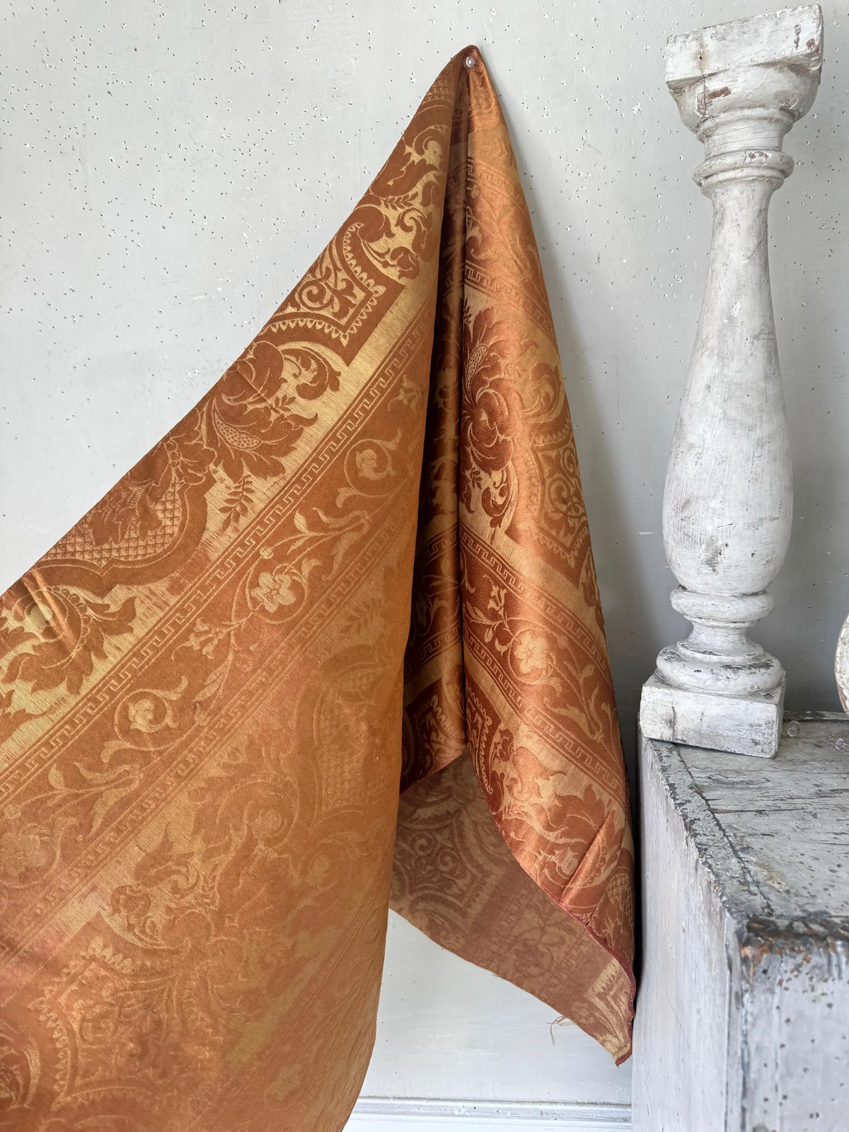 1800’s 61x20.5 antique silk damask fabric French gold copper heavy weight drape