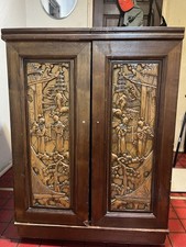 Antique Asian Style Carved Wood Bar Cabinet with Wine Storage and Drawers