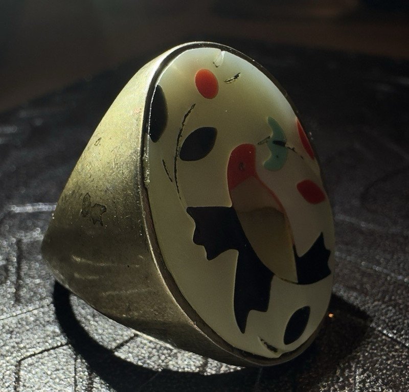 925 Silver Oval Signet Ring Multicolor Enamel Inlay Bezel Size 9.25