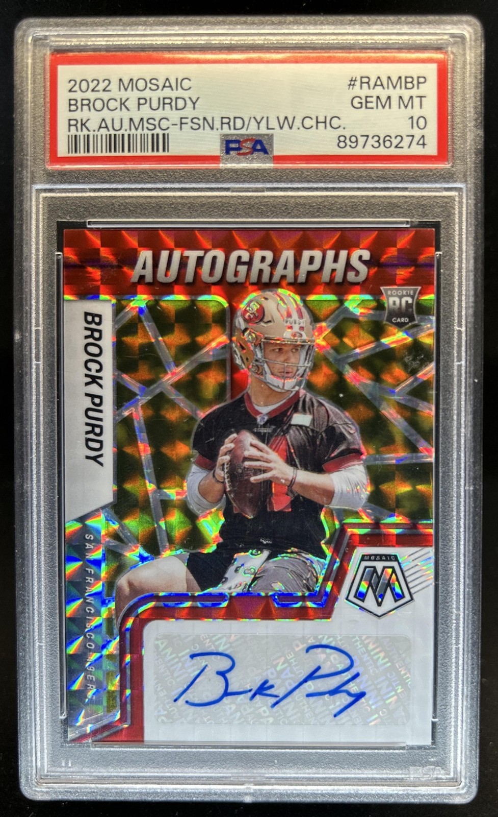 Brock Purdy Panini Mosaic Rookie Autograph Mosaic #RAMBP Red/Yellow Fusion Choice