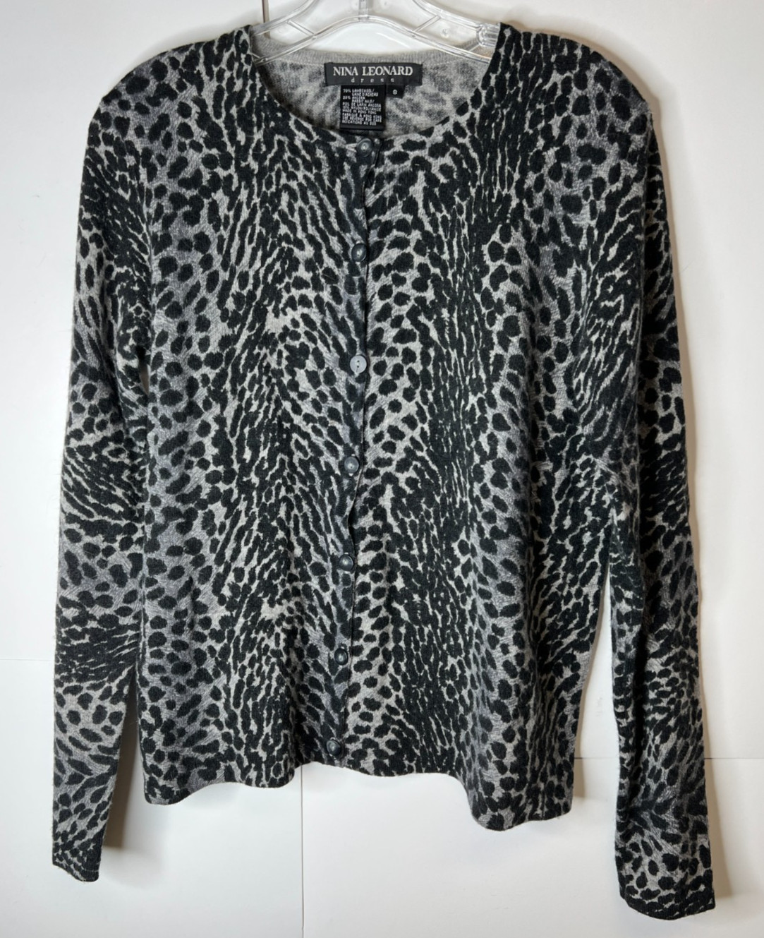 Nina Leonard Women's Small Animal Print Cardigan Lambswool Angora Knit Sweater