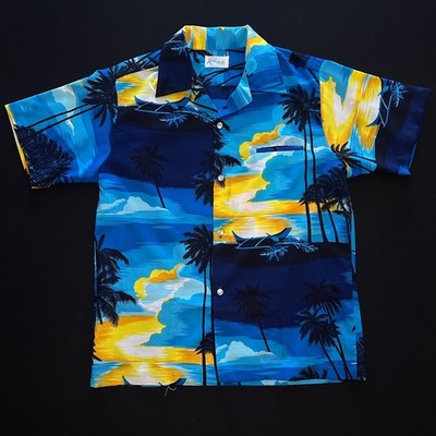 VTG Kole Kole Aloha  Shirt Mens Medium Blue Yellow Sunset Palm Canoe Hawaii
