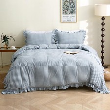 Light Blue/White Plaid Ruffle Duvet Cover King Size,100 Washed Cotton 3 Pieces