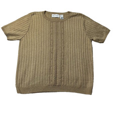 Alfred Dunner Sweater Womens S Tan Gold Metallic Knit Short Sleeve USA Made
