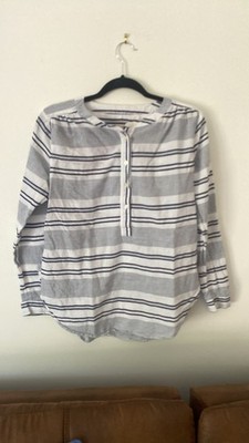 Ann Taylor Loft Women's Striped Shirt Blue White, Long Sleeve Roll Up Tab Size S