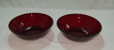 2 Vintage Ruby Red Anchor Hocking Berry Bowls Thumbprint Pattern Ruffled Edge