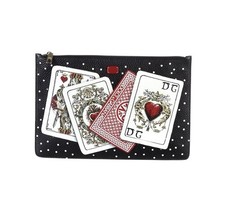 DOLCE & GABBANA Black Playing Card Print Leather Pouch