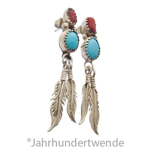 Navaho Türkis Koralle Silber Ohrringe Ohrstecker silver stud earrings - Bild 2 von 4