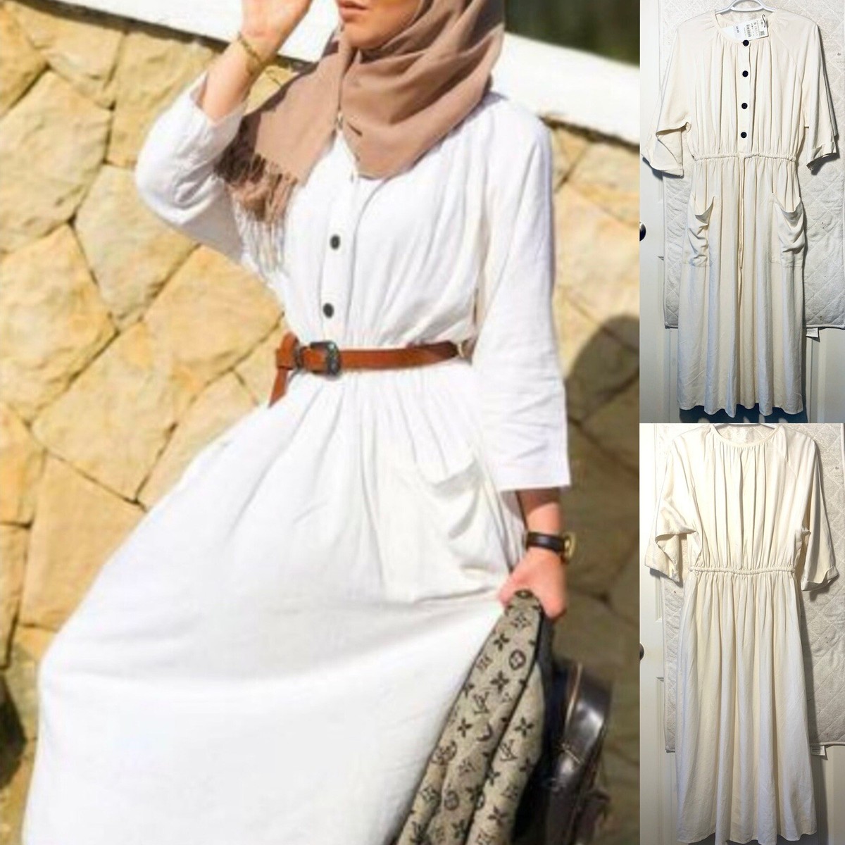 zara ecru linen dress ZW COLLECTION LINEN BLEND MIDI DRESS - White
