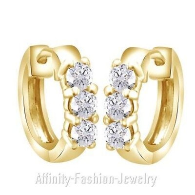 0.75 Ct Simulated 14K Yellow Gold Three Stone Hoops Huggies Earrings