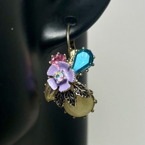 Betsey Johnson Multicolor Rhinestone Pink Blue Gold Tone Lever Back Earrings - Picture 8 of 15