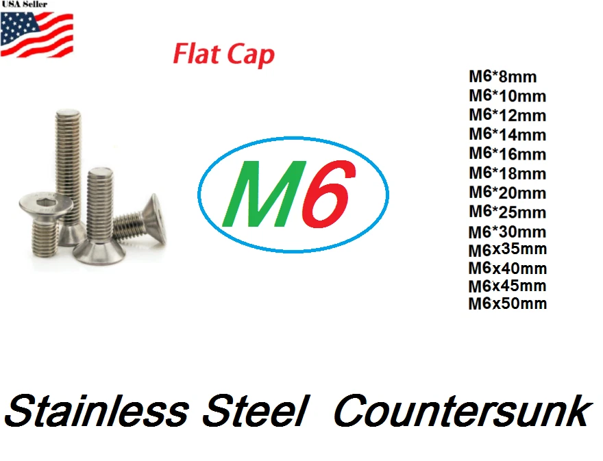 M6 metric 8mm to 50mm Hex bolt Flat head Stainless Steel Allen Screw Countersunk