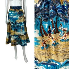 Vintage 70s Hawaiian Skirt Junior's Scenic Tropical Novelty Print Cotton Maxi