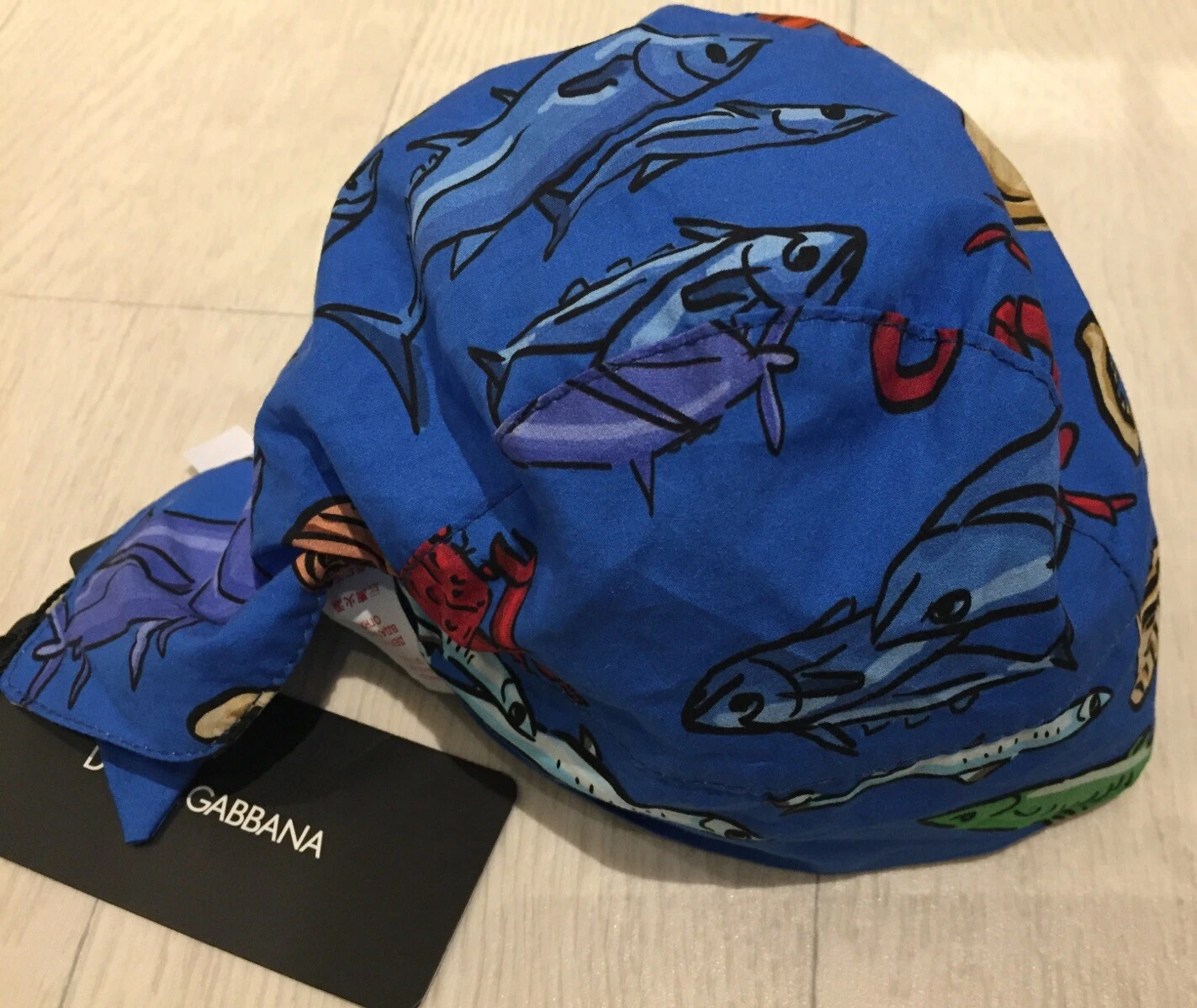 DOLCE & GABBANA BABY BANDANA HAT - FISHES SEA BLUE - SIZE 40cm / 0-3months NEW