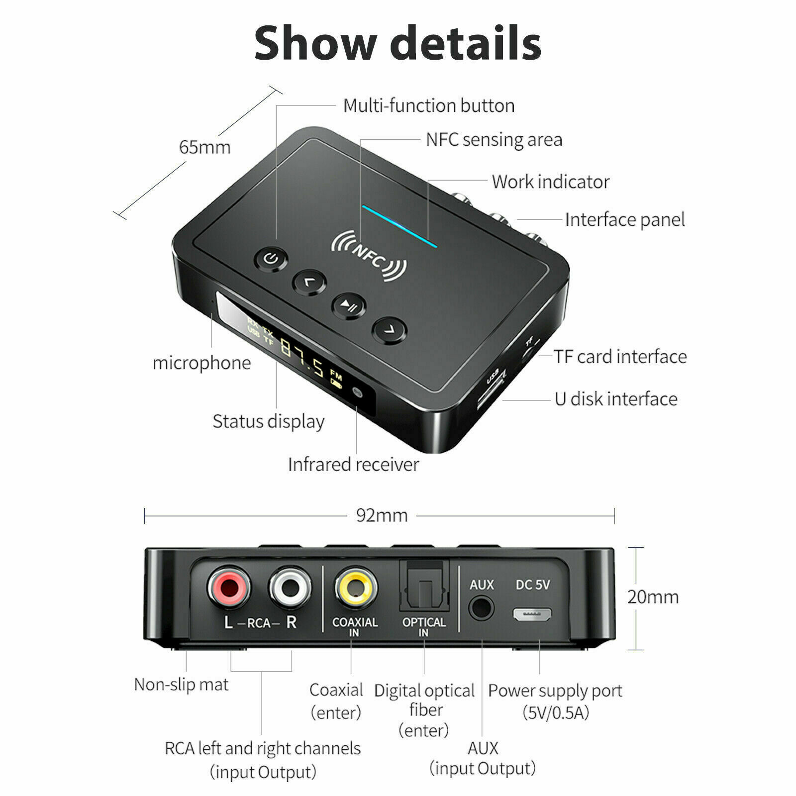 3.5mm AUX To RCA Wireless Audio NFC Adapter Bluetooth5.0 Receiver FM Transmitter