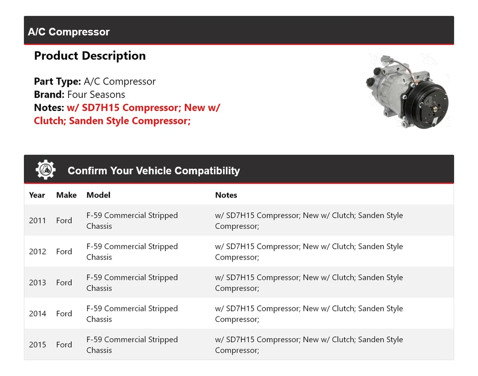 Компрессор кондиционера 4 сезона для коммерческого урезанного шасси Ford F-59 2011-2015 годов выпуска - Изображение 2 из 4
