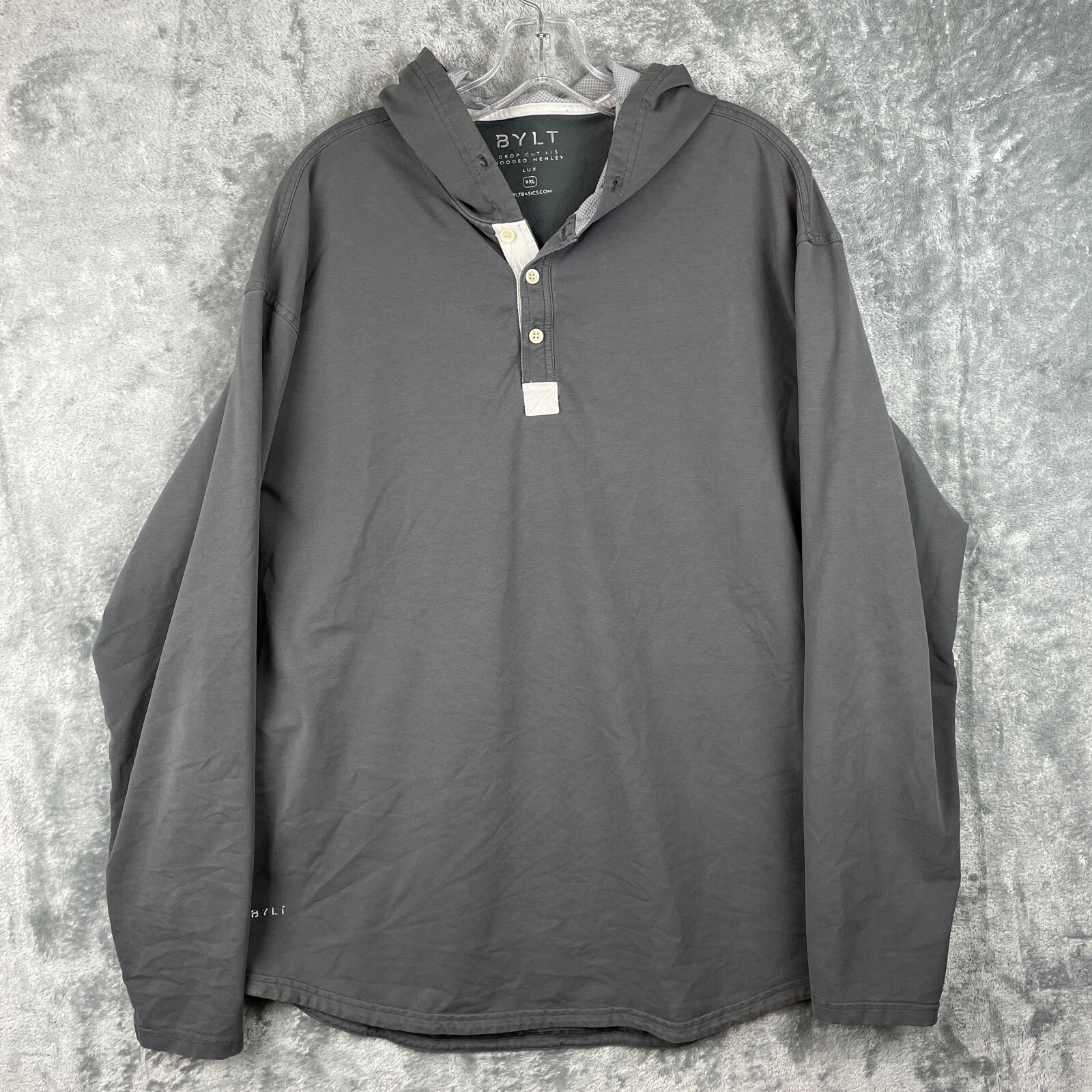 Bylt Hooded Henley Men's 2XL Gray Drop Cut Lux Hoodie Long Sleeve Shirt Stretch