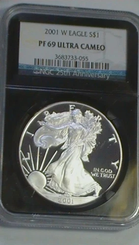 2001 W NGC 25th Anniversary Black Core PF 69 Ultra Cameo PROOF Silver Eagle