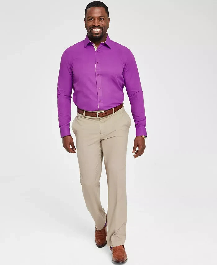 Tayion Collection Slim-Fit Gold Trim Dress Shirt Men's L 16-16.5 34-35 Purple