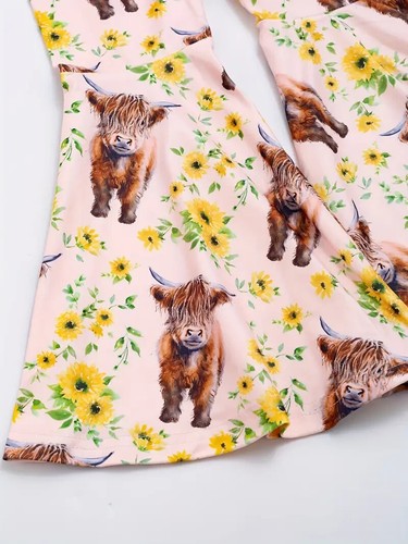New Girls 5 Pink Long Sleeve Highland Cow Floral Bell Pants Set - Picture 3 of 4
