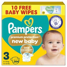 Pampers Premium Protection New Baby Size 3, 204 Nappies, 6kg-10kg, Monthly Pack 0.19 per nappy