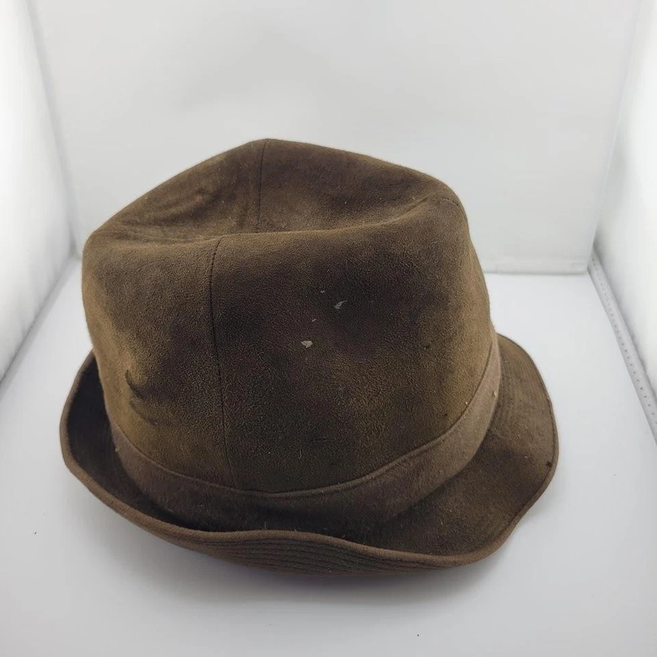 Sombrero de cuero auténtico Fedora ajustado para hombre marrón gamuza ala corta Trilby clásico Foto 4 de 4