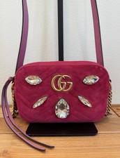 Gucci GG Marmont Matelasse Fuchsia Pink Velvet and Crystal Crossbody Bag