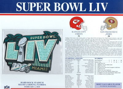 Super Bowl LIV Chiefs  vs 49ERS Shield Logo Patch Football Game Stat Card
