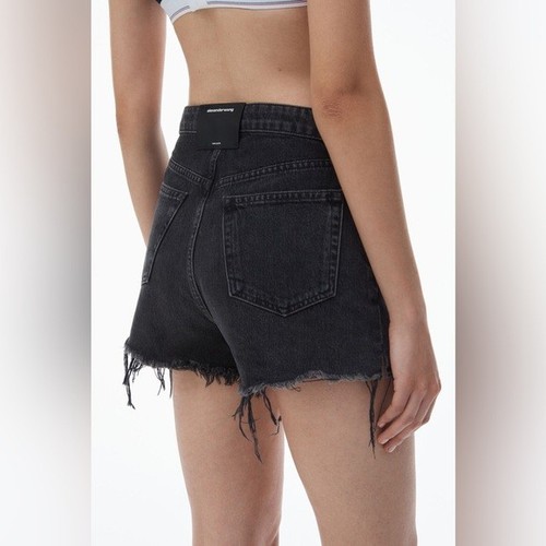 Alexander Wang Bite Foldover Frayed Denim Shorts Faded Black Grey Aged Size 24 - Picture 4 of 14