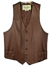 PIONEER WEAR Leather Vest Mens S Pockets Brown Leather Knot Buttons VTG