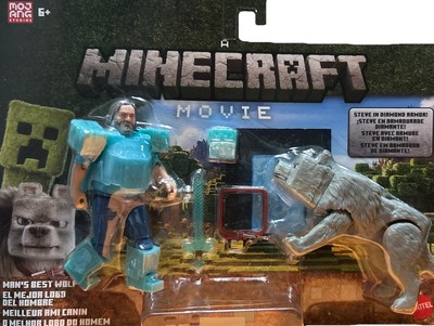 2025 A Minecraft Movie Diamond Armor Steve & Wolf 4" Figure 2 Pack ...