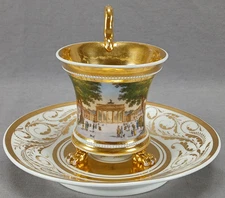 KPM Berlin Hand Painted Brandenburg Gate Empire Cup & Saucer C. 1826