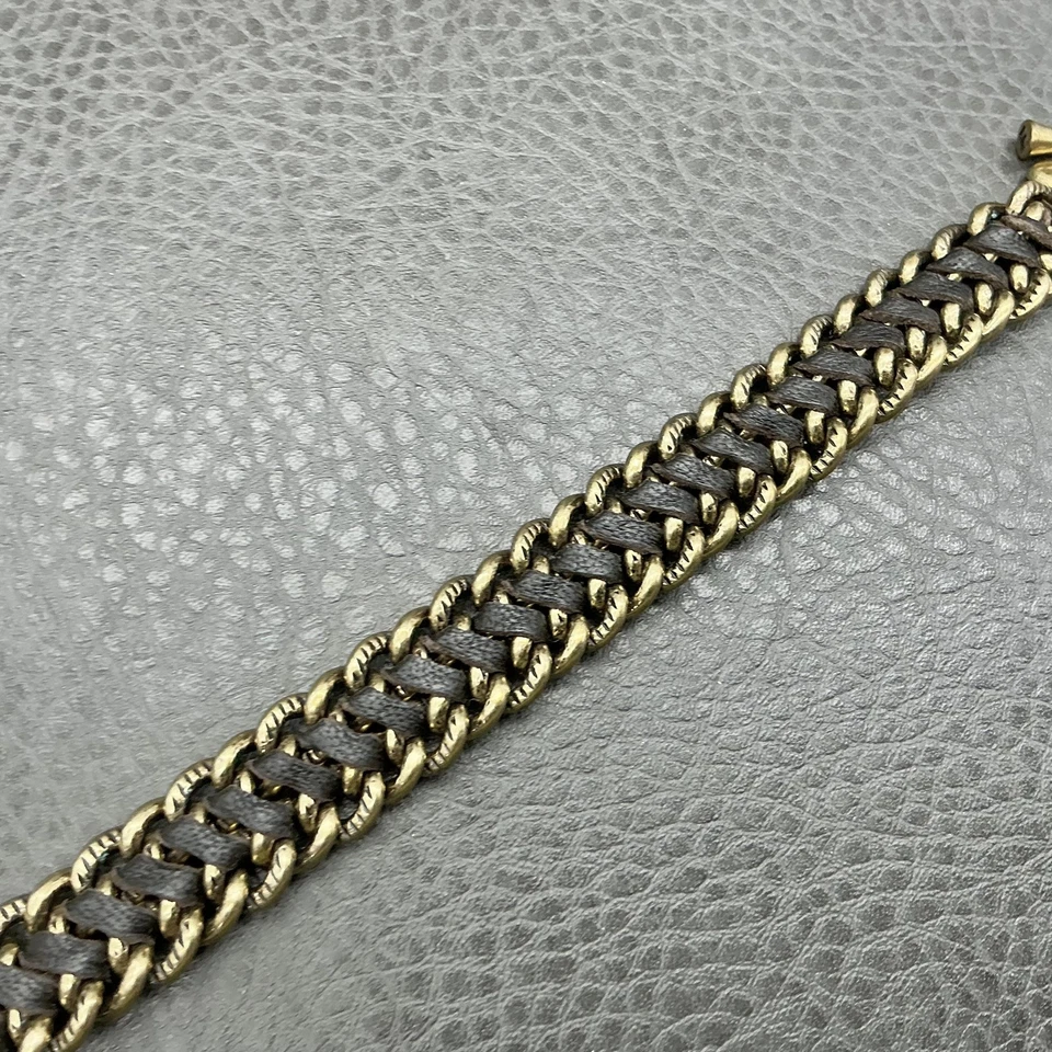 Pulsera candado corazón fósil cuero tejido cadena palanca tono dorado encanto para mujer Foto 3 de 4