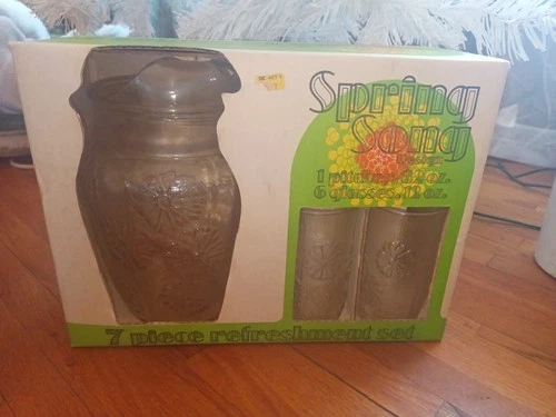 Vintage Anchor Hocking Spring Song Pitcher w/ 6 Glasses Set New Old Stock