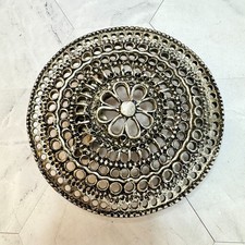 Womens Round Belt Buckle Silver Tone Bohemian Floral Shield Filigree 3.25" EUC