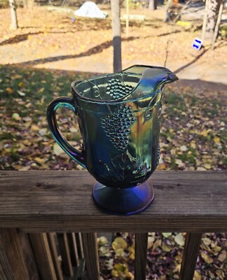 Carnival Glass Dark Blue And Purple Iridescent Grapes And Leaves 64 Oz Pitcher