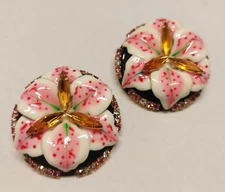 Lunch at The Ritz Signed Orchid Flower Post Earrings Enamel Rhinestone NOS