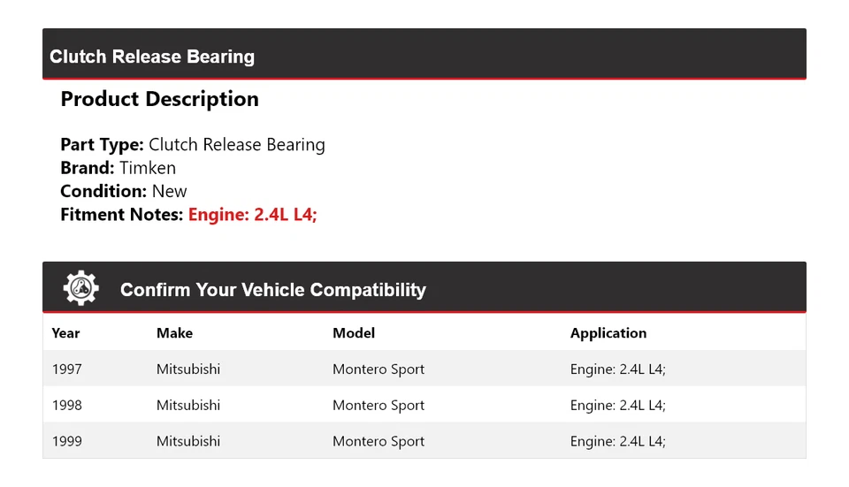Cojinete de liberación de embrague Timken para Mitsubishi Montero Sport 1997-1999 2,4 L L4 Foto 2 de 4